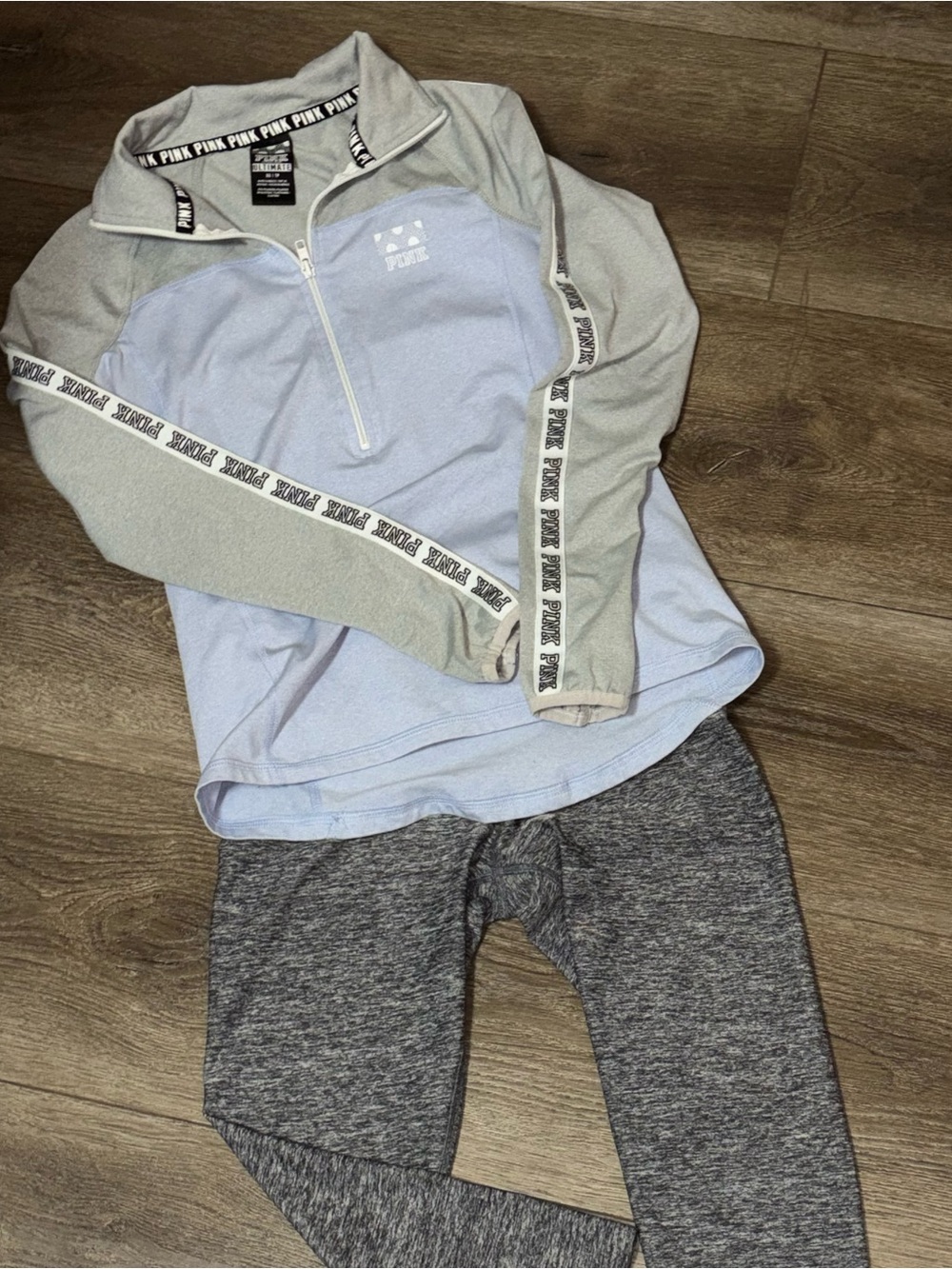 PINK Victoria's Secret Light Blue & Gray Athletic Top with Charcoal Leggings